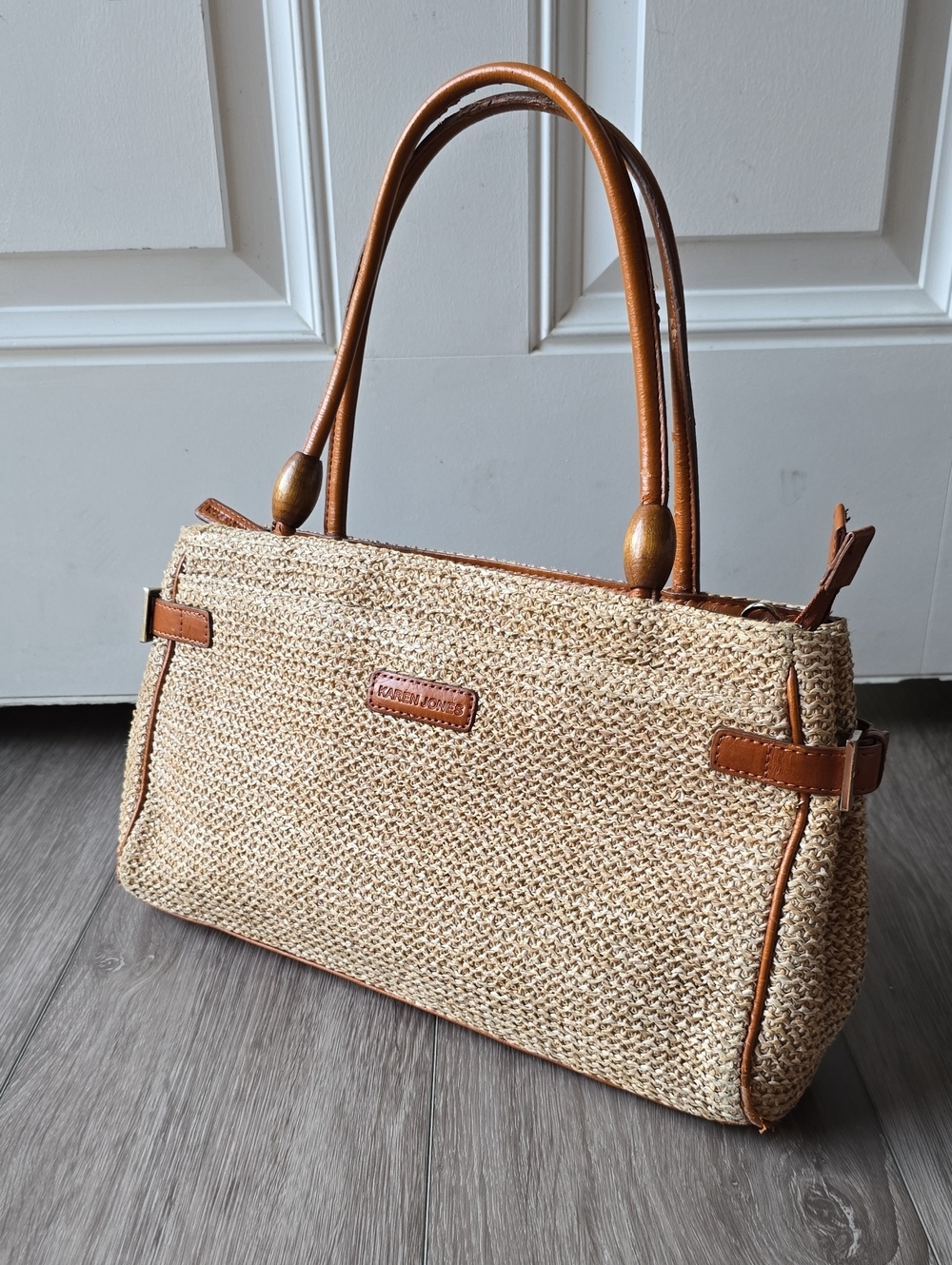 Raffia Woven Vacation Shoulder Bag Tan Straw Woven Tote with Tan Leather Trim